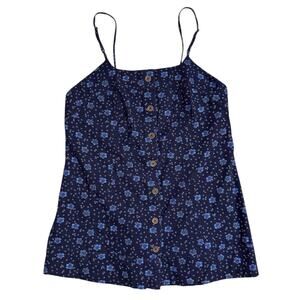 Free People Floral Top Tunic Cottage Fairy Navy Blue Button Prairie Feminine
